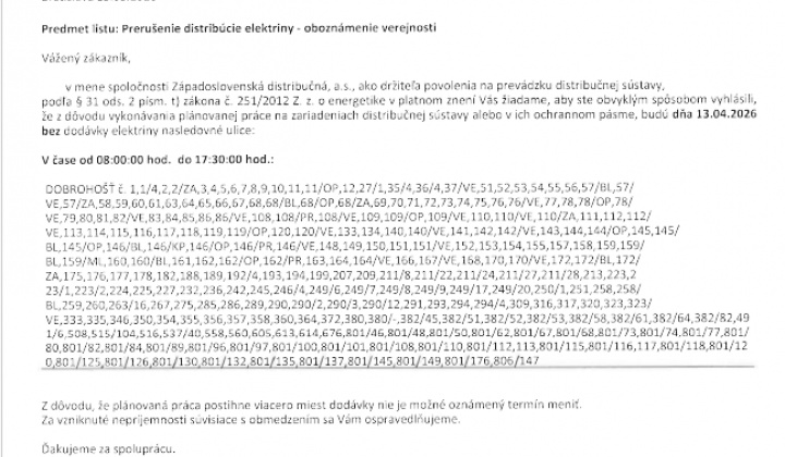 1. fotografia fotogalérie Plánované prerušenie distribúcie elektriny ,,apríl 2026″ 13.4.2026, 15.4.2026 - foto