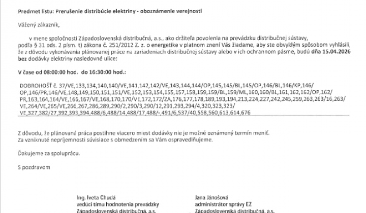 2. fotografia fotogalérie Plánované prerušenie distribúcie elektriny ,,apríl 2026″ 13.4.2026, 15.4.2026 - foto
