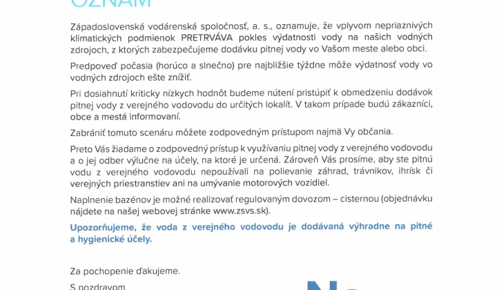 Fotka - OZNAM/ÉRTESÍTÉS - Západoslovenská vodárenská spoločnosť, a.s.