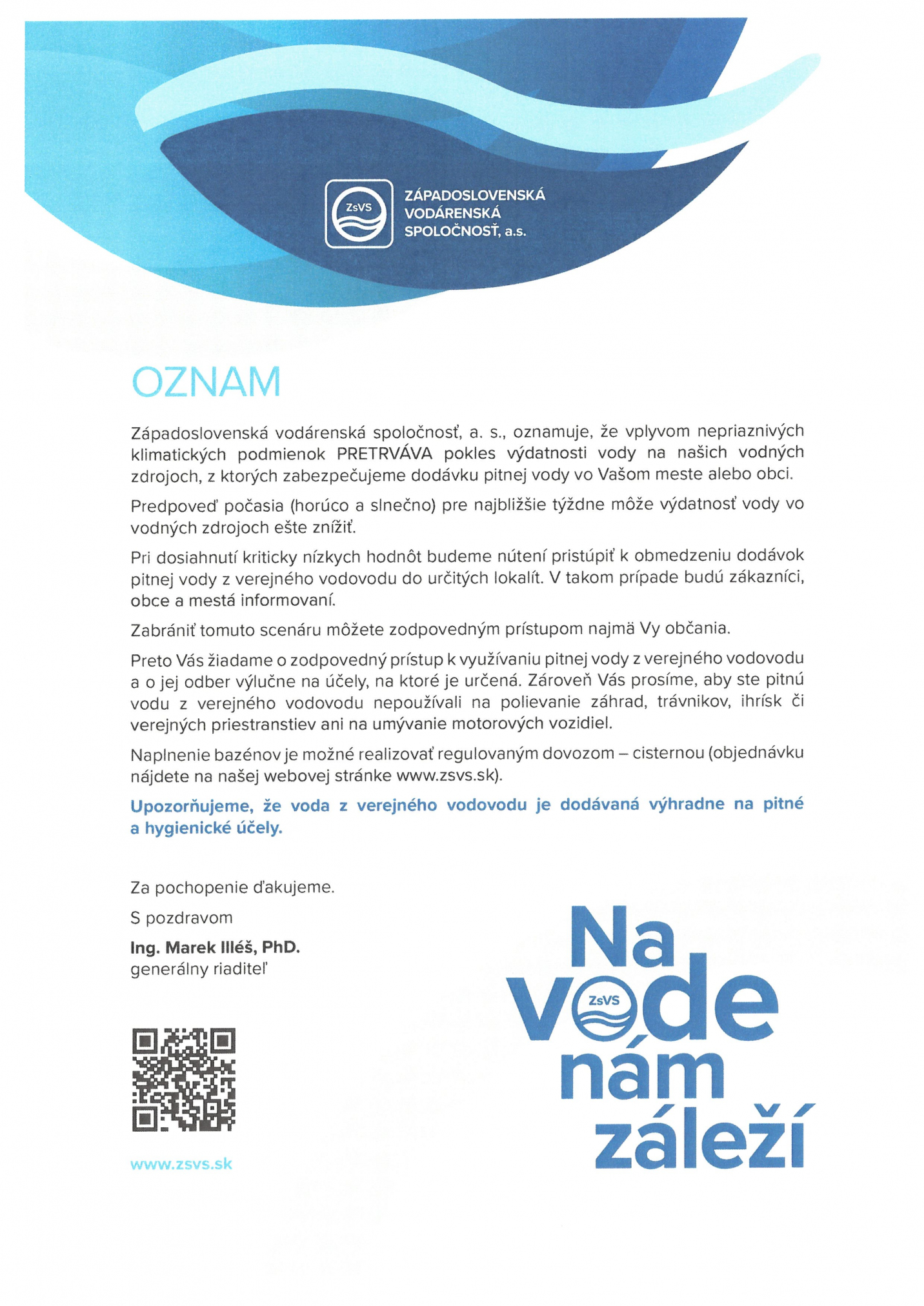 Fotka - OZNAM/ÉRTESÍTÉS - Západoslovenská vodárenská spoločnosť, a.s.